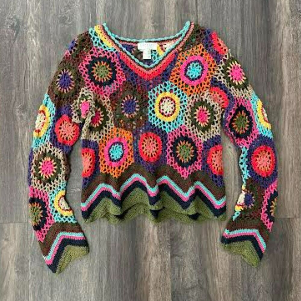 Vintage Express Tricot Open Knit Sweater Bright Floral Patchwork V-Neck Size Lg